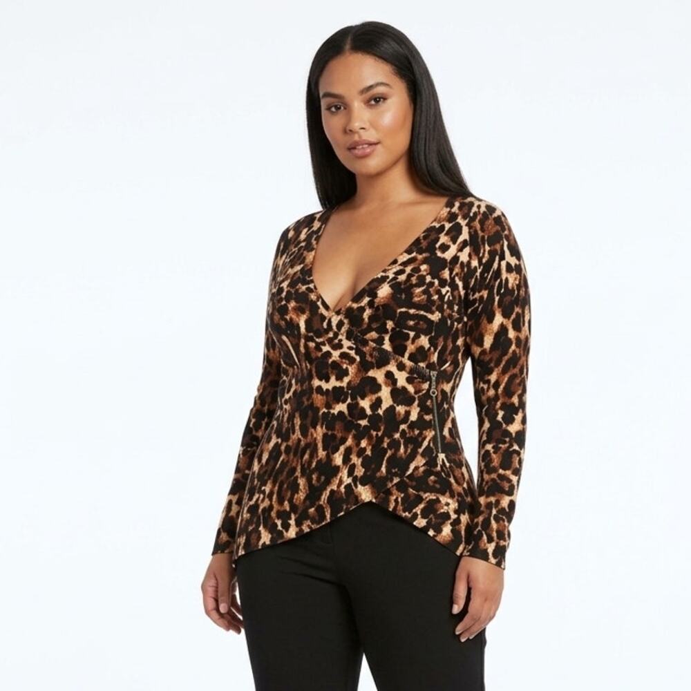 Thalia Sodi Wrap Blouse Top Women's S Brown Leopard Print Long Sleeve Zipper Hem